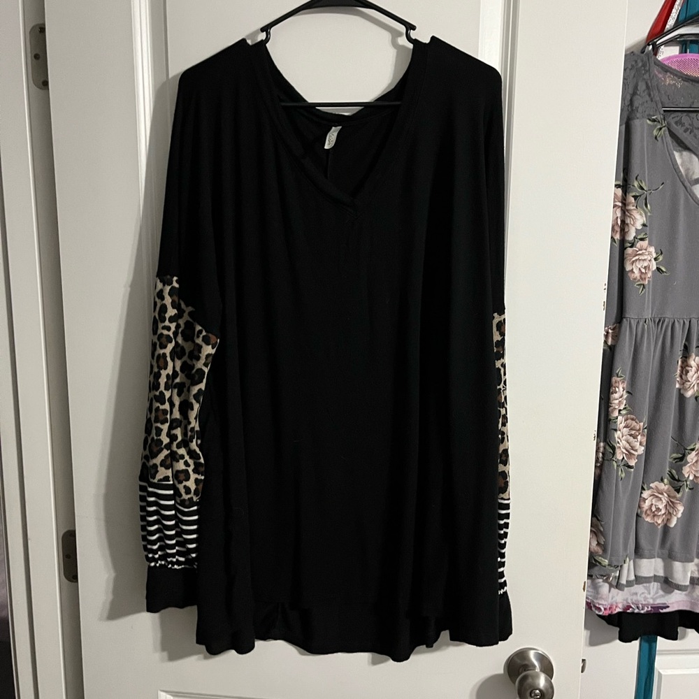LOWEST PRICE AVAILABLE-Celeste Black Top with Leopard and Stripe Sleeves